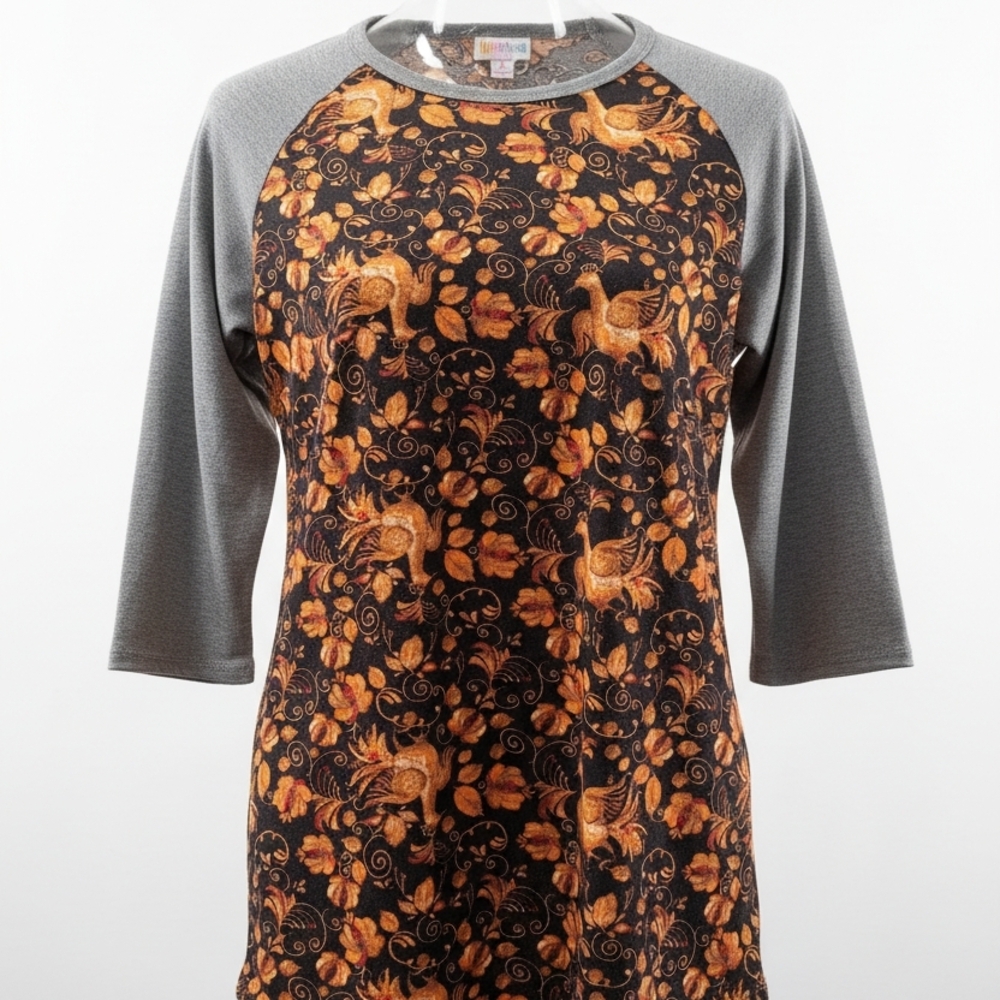 LuLaRoe Floral Raglan Tee - Gray & Burnt Orange Floral